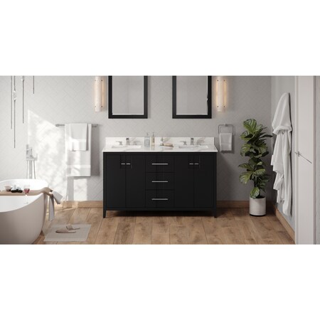 Jeffrey Alexander 60In. Black Katara Vanity, Dbl Bowl, Calacatta Vienna Quartz Vanity Top, 2 Undrmnt Rctngl Bowls VKITKAT60BKCQR